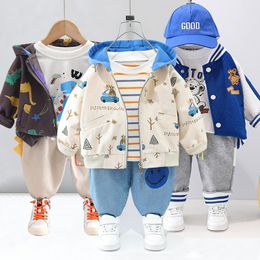 Clothing Sets 0 4 years old autumn fashion cute car baby suit boys and girls long sleeved striped three piece children s sports 230724