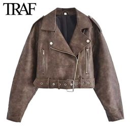 Women's Down Parkas TRAF Women Fashion Winter New Vintage Gradient Leather Jacket Long-sleeved Chic Female Zip Artificial Leather Short Coats Mujer HKD230725