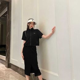 Summer women black stand collar short sleeve half slit wrap hip skirt suit skirt, soft and comfortable fabric can not afford the ball, slim casual fashion.