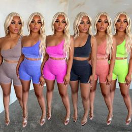 Women's Tracksuits Ribbed Two Piece Biker Short Set Slanted Collar Sleeveless Outfits 2023 Women High Waisted Shorts Casual Sports