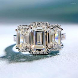 Cluster Rings S925 Silver Claw Set With 7 9 Emerald Cut White Diamond Ring Female European And American