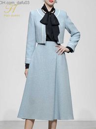 Two Piece Dress Two Piece Dress H Han Queen Women Autumn Winter Office Casual 2 Pieces Set Tweed top coat Mid Calf A Line Skirt Korean Simple Suit 221122 Z230725