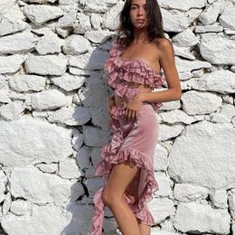 Casual Dresses Fashion Summer Beach Sundress Women's Y2k Ruffle Trim Mini Dress Sexy Low Cut Slim Fit Cutout Mesh See Through Short
