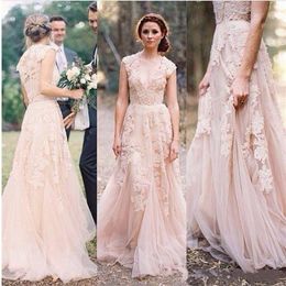 2019 Blush Lace Wedding Dresses V Neck Cap Sleeves Reem Acra Puffy Bridal Gowns Vintage Country Garden A-line Floor Length Wedding2346