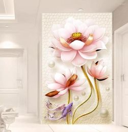 Wallpapers CJSIR Custom 3D Wallpaper Mural Chinese Lotus Emboss Elegant Simple Stereo Entrance Decoration Wall Papers Home Decor