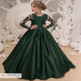 Lovely Satin Dark Green Ball Gown Kids Pageant Dress with Lace Long Sleeves for Girls Aged 4-12 Years224o