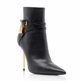 padlock Tom fords wedding boots pointy women ankle gold boots toe thin heel and brand heeled designer woman dress Belt boot party gift with box