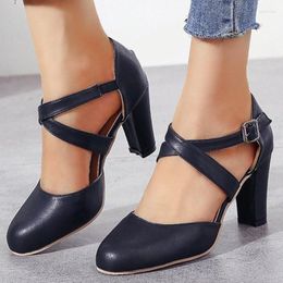 Dress Shoes Women High Heels Autumn Belt Buckle Solid Colour Round Toe Chunky Heel Walking Ankle Boots Zapatillas Plataforma Mujer