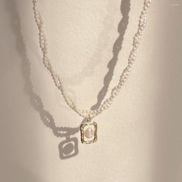 Chains Double Layer Bright Fried Dough Twists Simple Design Necklace Temperament Net Red Hollow Block Freshwater Pearl Clavicle