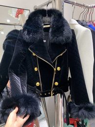 Women's Down Parkas HIGH STREET New Fashion 2023 Designer Jacket Women's Fox Fur Collar Detachable Velvet Motorcycle Jacket HKD230727