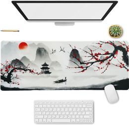 Japanese Red Cherry Blossom Sakura Mouse Pad White XL Large Mouse Pad Floral Long Big Desk Mouse Mat Cherry 31.5 X 11.8 Inch