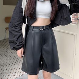 Women's Shorts Faux Pu Leather Knee-Length For Women Korean High Waist Wide Leg Woman With Pockets Solid Color Trousers