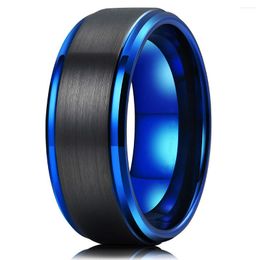 Wedding Rings Classic 8Mm Black Brushed Titanium Stainless Steel Ring Men Women Blue Edge Men's Fashion Party Jewellery Gift