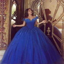 Royal Blue Cinderella Quinceanera Dresses Ruched Sexy Off the Shoulder Tulle Custom Made Ball Gown Tulle Sweet 16 Pageant Gown250m