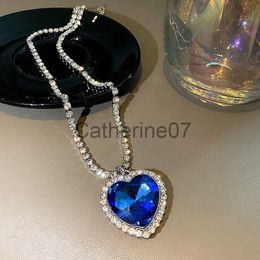 Pendant Necklaces Big Crystal Heart Pendant Necklace for Women Full Rhinestone Necklace Titanic Heart of Ocean Blue Heart Love Forever Jewelry J230725