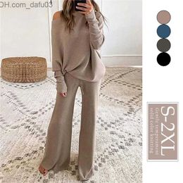 Women's Tracksuits 2-piece Autumn Winter Pants Set Women's Dress Knitted Pull Out Shoulder Top Wide Leg Pants 2-piece Women's Track and Field Suit Z230726