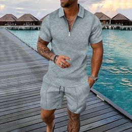 Men's Tracksuits Suit Solid Jacquard craft Summer Casual Short Sleeve Polo Shirt Shorts Fashion Zipper Two Piece Set 230724