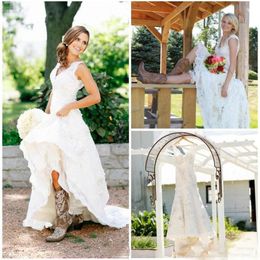 Tea Length Wedding Dresses 2018 Vintage Full Lace V Neck Cap Short Sleeves Country Western Boho Cheap Designer Modest Bridal Gowns322J