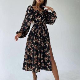 Casual Dresses Women Summer Dress Flower Printed Long Sleeves Bandage Button Beach Soft And Daily For