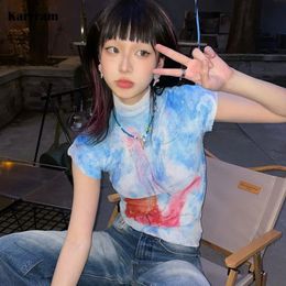 Women's T-Shirt Karram Y2k Aesthetics Folds T-shirt Japanese Harajuku Jellyfish Print T-shirt Grunge Fairycore Slim Top Lace Up Dye 2000s E-girls 230720