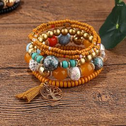 Link Bracelets Bohemia Yellow Beaded Set For Women Ethnic Multilayer Tassel Tree Of Life Pendant Charm Bracelet Fashion Jewellery Gifts