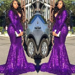 Purple V Neck Sequins Mermaid Long Prom Dresses Sparkling Long Sleeves Ruched Formal Celebrity Evening Party Gowns Plus Size BC402188B