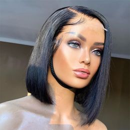 ヘアピース短いボブ人間の髪ブラジル13x1 Tパーツストレートレース女性のための透明なレースプリ摘み骨ボブ230724