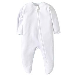 Rompers born Footed Pyjamas Zipper Girl and Boy Romper Long Sleeve Jumpsuit Cotton Solid White Fashion 0 12 Months Baby Clothes 230724