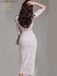 Two Piece Dress Two Piece Dress H Han Queen Women Autumn Winter 2 Pieces Set Single Breasted Short Tops High Waist Pencil Skirt Korean Simple Z230726