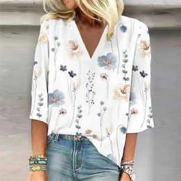 Women's Blouses Women Top V Neck Flower Print Loose Three Quarter Sleeves Vintage Pullover Soft Casual Lady Fall Summer T-shirt Clothing