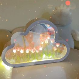 Decorative Objects Figurines INS DIY Cloud Tulip LED Mirror Cute Night Light Romantic Atmosphere Bedroom Ornaments Desktop Flower Handmade 230724