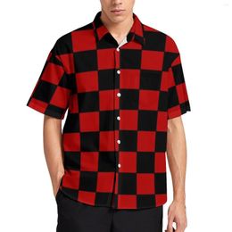Men's Casual Shirts Retro Checkerboard Beach Shirt Men Checkers Black And Red Summer Short Sleeve Print Vintage Oversize Blouses Gift