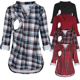 Maternity Tops Tees Summer Women Maternity Plaid Print Clothes Breastfeeding Tops Blouse Maternity Nursing Top Short Sleeves Blouse T-Shirt Clothes 230724