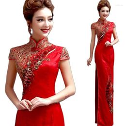 Ethnic Clothing Chinese Traditional Cheongsam Embroidery Modern Elegant Qipao Oriental Embroidered Long Red Wedding Dress Evening Party Gown