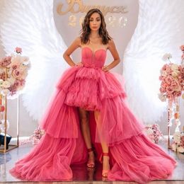 Sweetheart Prom Dresses High Low Hot Pink Evening Party Gown Ruffles Tiere Detachable Train Birthday Vestido De Novia 326 326