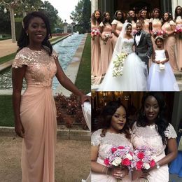 Vestidos de dama de honra longos de chiffon de renda rosa blush com manga 2019 decote em joia plus size africano júnior casamento festa de convidados Bridesmai288y