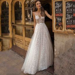 A-line Lace Wedding Dresses 2024 Illusion Back Bow Back Beach Bridal Wedding Gown Boho Charming Princess Party Gown Vestido De Noiva