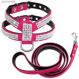 Bling Rhinestone Dog Harness Leather Puppy Cat Harness Vest Leash Set For Small Medium Dog Chihuahua Pug Yorkshire Pet Supplies L230620