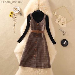 Two Piece Dress Two Piece Dress Streetwear Women Autumn Winter Sweater Wool KneeLength es With Belt Elegant Party Vestidos Z230726