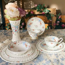 Tea Cups "Albert Rose" Retro Export Bone China Threaded Coffee Cup Afternoon Tableware Dessert Plate Salad Bowl 230724