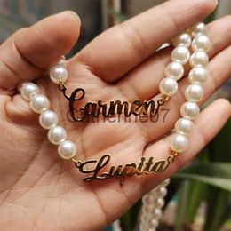 Pendant Necklaces Custom Name Pearl Necklace For Women Personalized Stainless Steel Nameplate Pearl Beads Chains Gothic Jewelry Gift Choker J230725