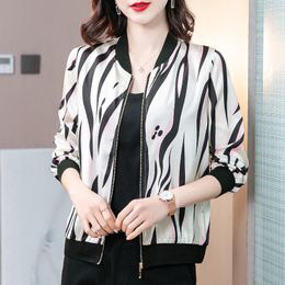 Women's Jackets Silk Satin Casual Short Coat Spring Loose-fitting Striped Baseball Uniform Zipper Shirt Jacket Women Outwear B72