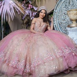 Gorgeous 2021 Beaded Ball Gown Quinceanera Dresses Sequined Off The Shoulder Appliqued Prom Gowns Sweep Train Tulle Sweet 15 Masqu259p