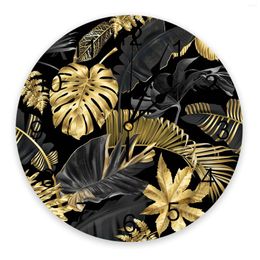 Wall Clocks Golden Leaves Black Background Clock Modern Design Living Room Decoration Kitchen Silent Home Decor