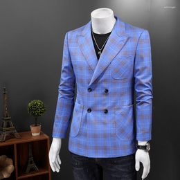 Men's Suits 5XL-S 2023 Men Double Breasted Suit Coat Slim Fit Fashion Business Casual Jacket British Wedding Plaid Dress Blazers