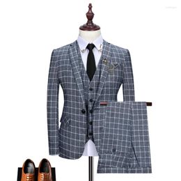 Men's Suits (Jackets Vest Pants) Male Pure Cotton Plaid Business Blazers/Men's Slim Fit Three-piece Suit/Man Groom Dress Gray Blue S-3XL