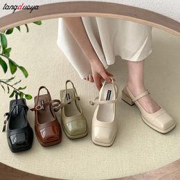 Dress Shoes Sandals Women Elegant Green Beige Square Heel Vintage Toe Leather Sandalias Woman Fashion Mary Jane Ladies