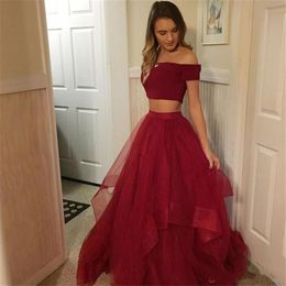 2020 Charming Dark Red Two Piece Prom Dresses Boat Neck Short Sleeve A-Line Tulle Sexy Long Evening Gowns Cheap Party Dress Women 201G