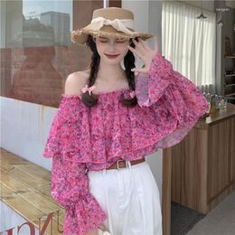 Women's Blouses Spring Slash Neck Floral Shirts Fashionable Off The Shoulder Long Sleeve Ruffles Loose Tops Casual Sweet Women Chiffon