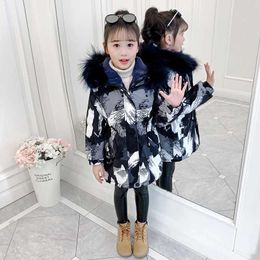 Down Coat wear Winter Girls parka kids' Hooded Plus Velvet Warm Cotton Jacket Thicken Print 5-16 Age Child Quality Clothing faux fur coat HKD230725